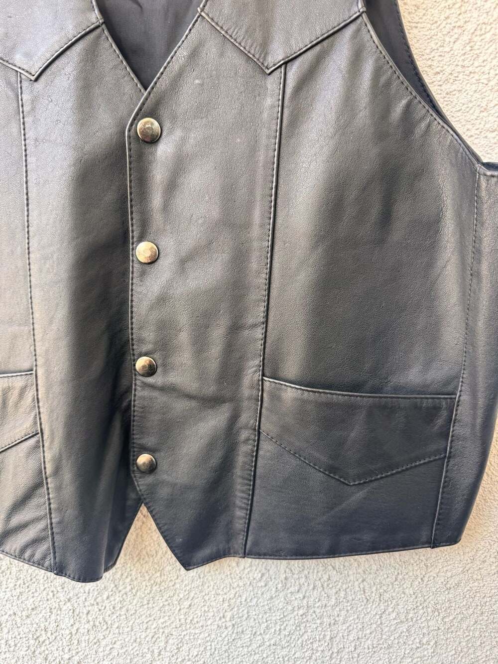 Fashion Leather Marcos Vintage Black Genuine Leather Snap Button Motorcycle Vest